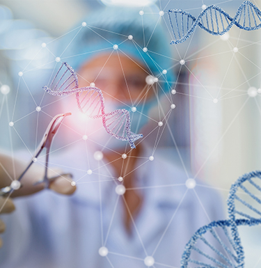 Foto do DNA e de nós que se conectam para destacar a transformação na medicina e no atendimento médico.