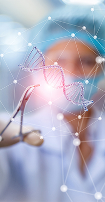 Bild einer DNA und Knoten, die sich verbinden, um die Transformation in Medizin und Gesundheitswesen hervorzuheben.
