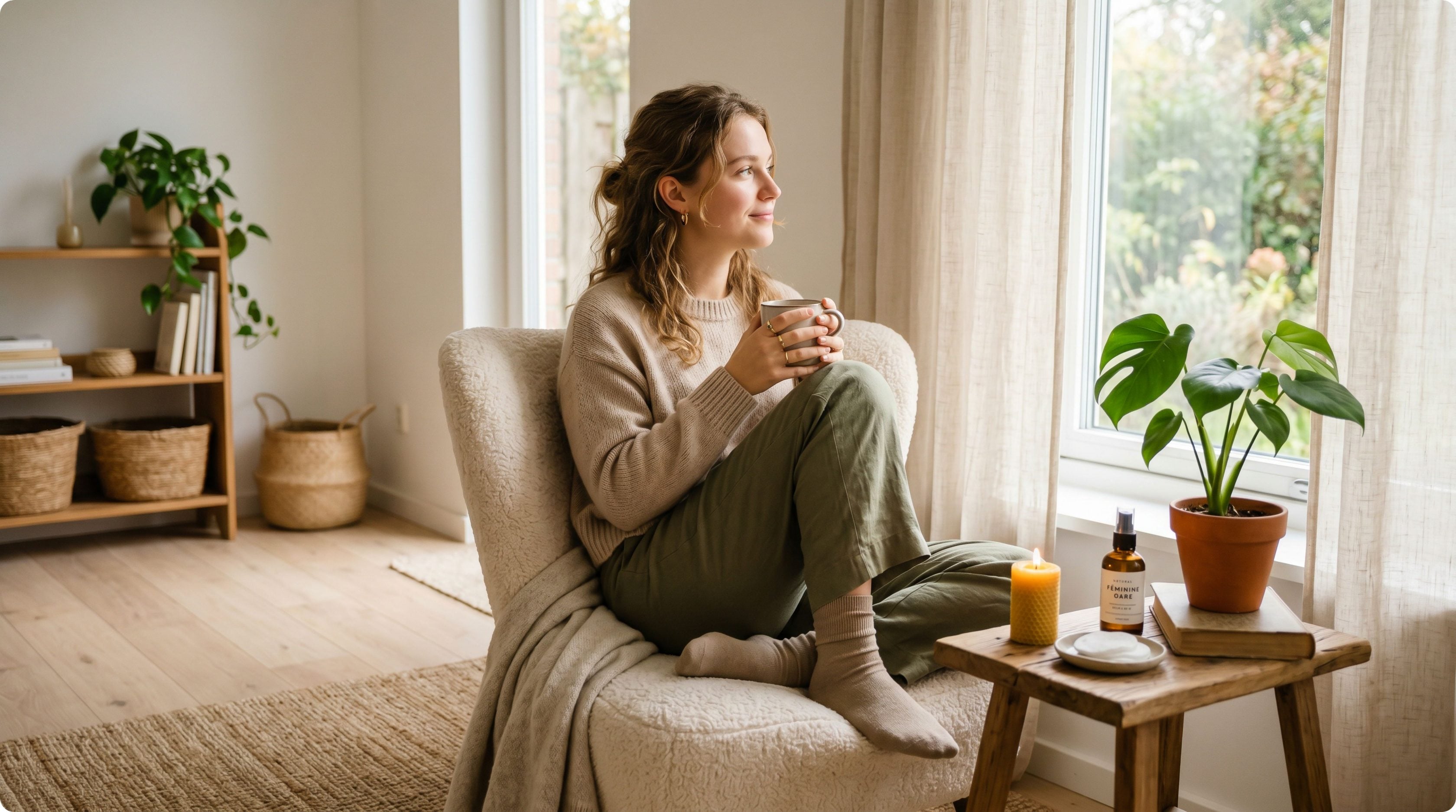 Young woman relaxing at home with a coffee during a cozy morning.