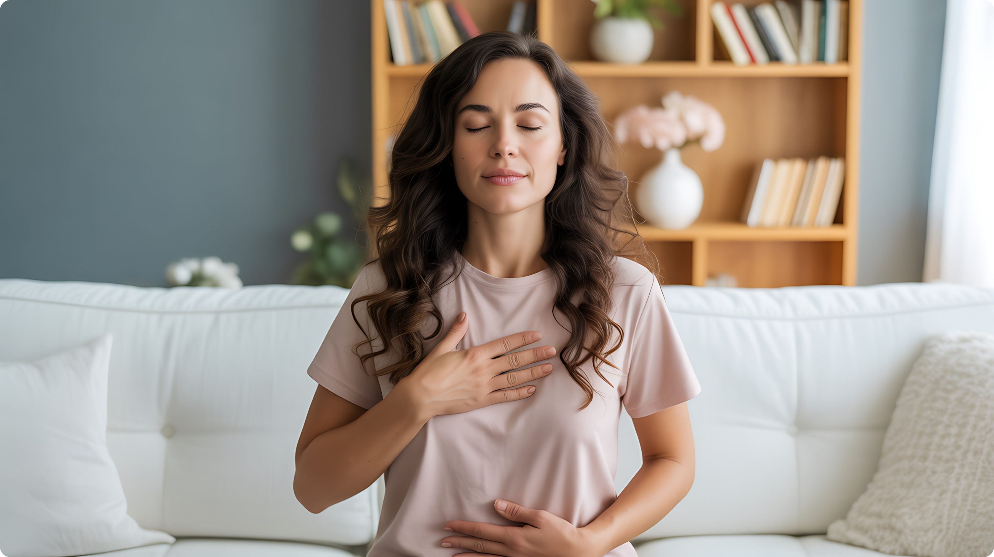 Woman doing breathing exercises in her living room