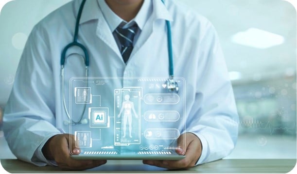 Male doctor holding up a digital virtual screen for analytics Medical data.