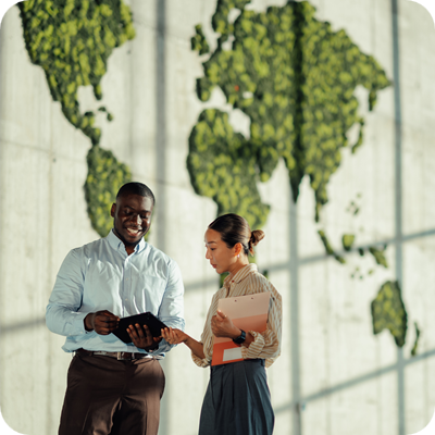 Two business colleagues are discussing global strategies in a modern office with a large green world map