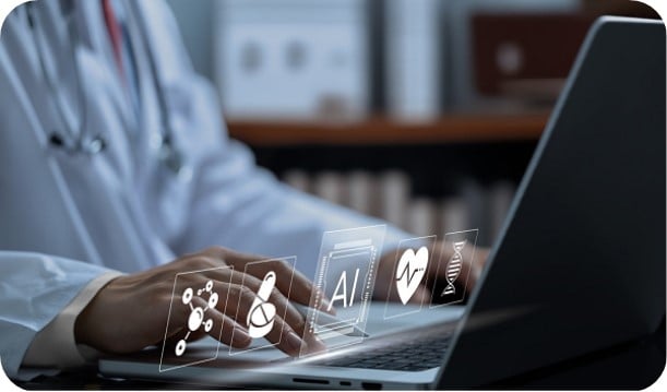 Doctor in a comfortable office using AI on laptop with infographics displayed