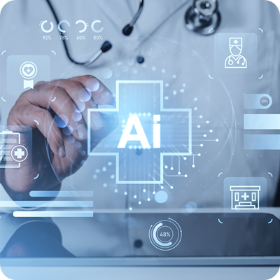 Doctor using futuristic AI interface for healthcare assistance with digital icons and data visualization on transparent background