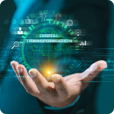 Hand holding a glowing global network sphere with "DIGITAL TRANSFORMATION" text and business icons.