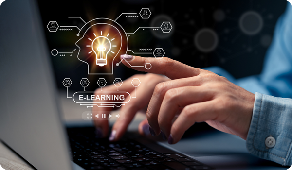 Learning online class, fingers are typing on lightbulb showing graduation hat, and education icons