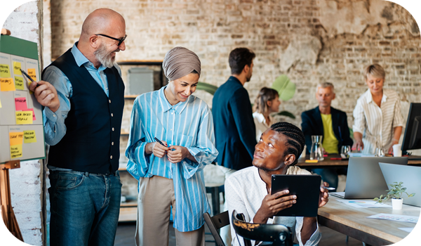  Diverse team of creative professionals talk, brainstorms, work in Innovative digital startup.