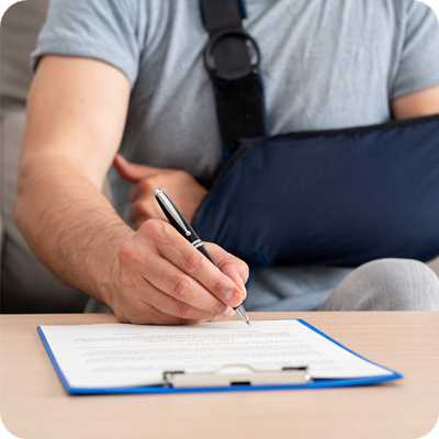 Handicapped man with sling signing contract at home