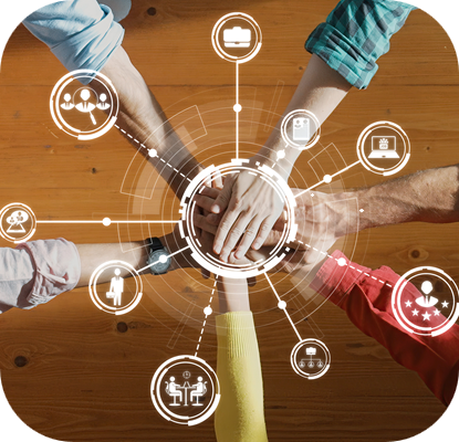 Collaborative Hands Symbolizing Teamwork and Connection with Digital Icons