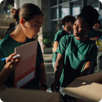 Volunteers preparing clothes donations for charity in cardboard boxes