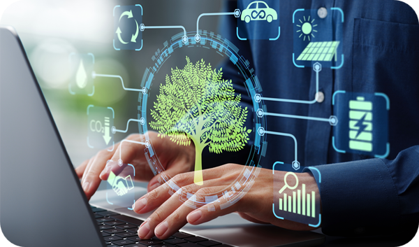 Sustainable technology dashboard with digital tree and laptop