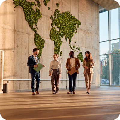 Businesspeople walking and talking in a modern office with a green world map 