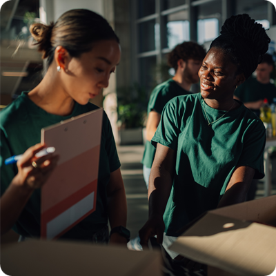 Volunteers preparing clothes donations for charity in cardboard boxes