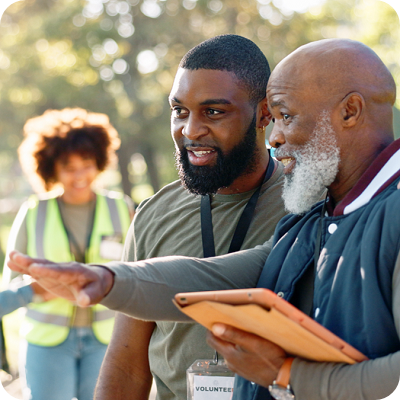 Cleanup, people and volunteers planning with tablet for support, community project or nature sustainability. 