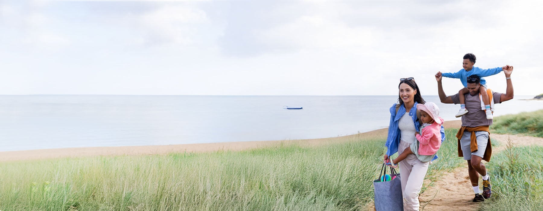 picture-A family walking along a grassy path by the beach